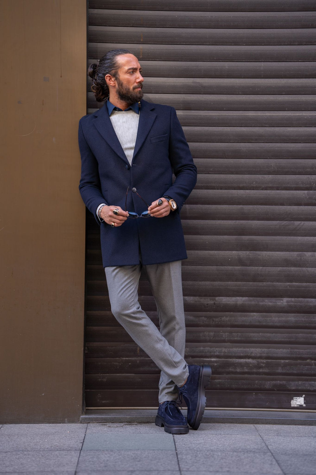 Special Design Slim Fit Double Breasted Cashmere Coat - Navy Blue