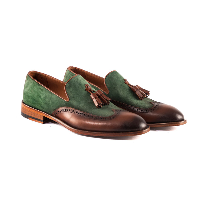 Green Suede and Tobacco Leather Tassel Loafers