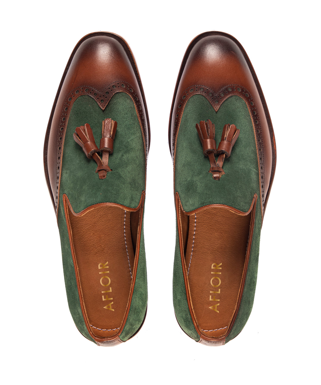Green Suede and Tobacco Leather Tassel Loafers