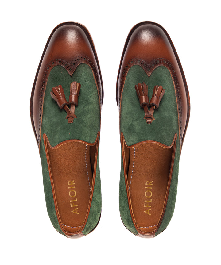 Green Suede and Tobacco Leather Tassel Loafers