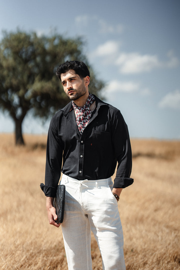 High Collar Slim Fit Linen Shirt - Black