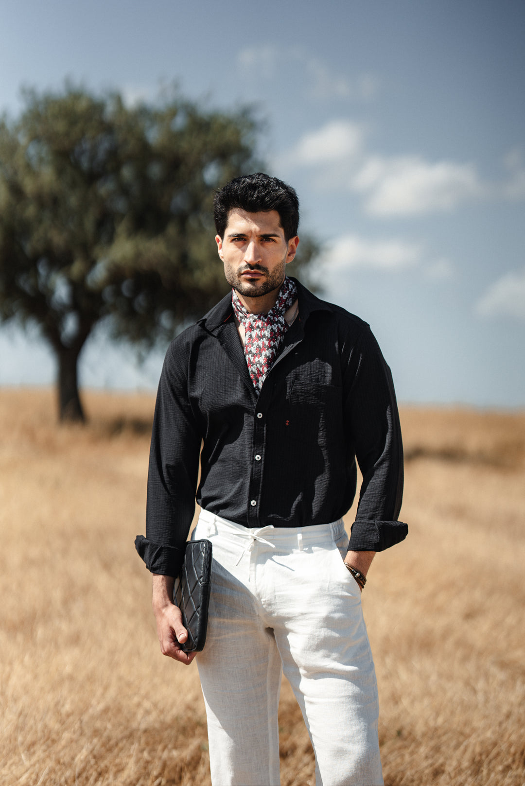 High Collar Slim Fit Linen Shirt - Black