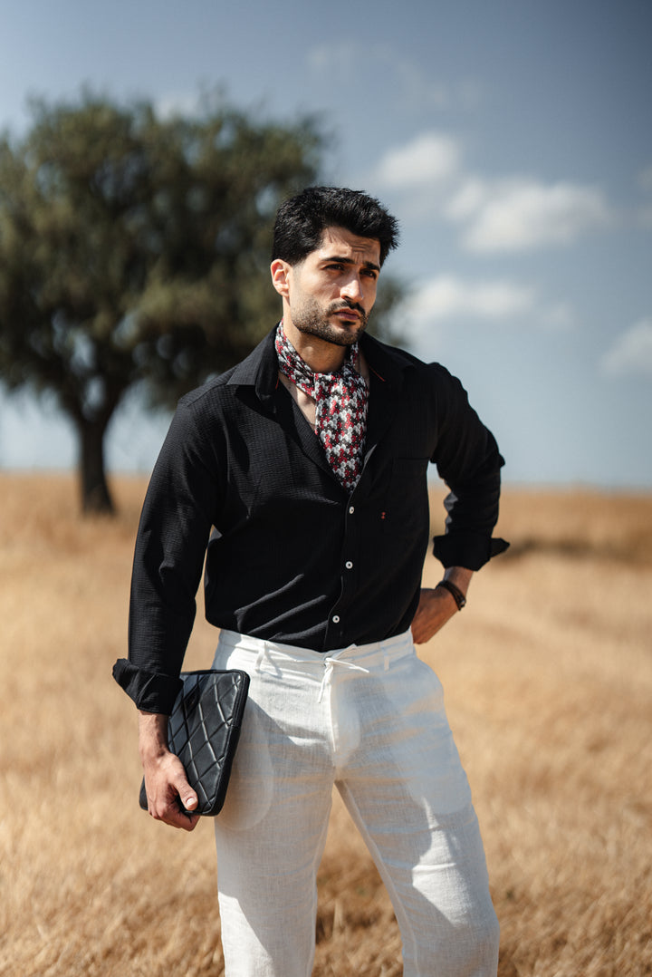 High Collar Slim Fit Linen Shirt - Black