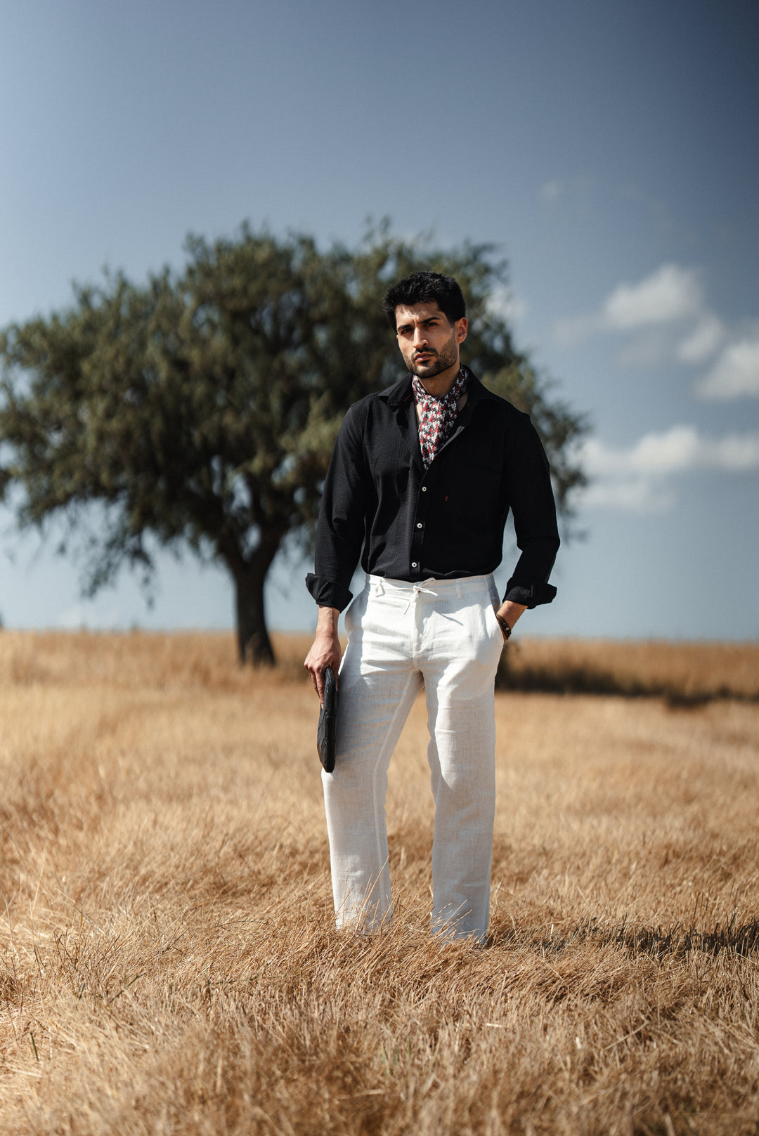 High Collar Slim Fit Linen Shirt - Black