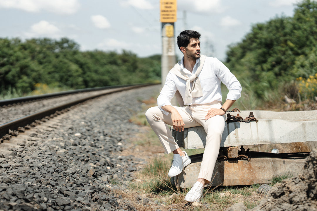 High Collar Slim Fit Linen Shirt - White