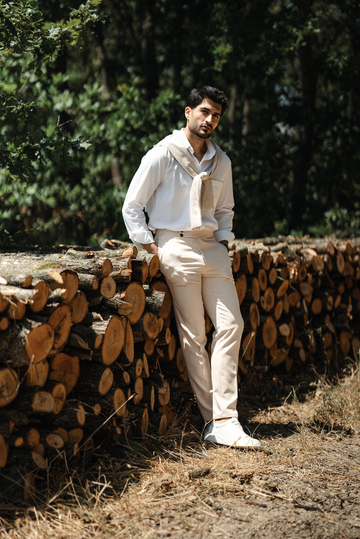 High Collar Slim Fit Linen Shirt - White