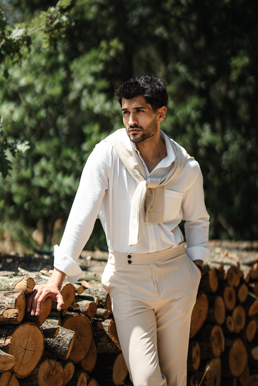 High Collar Slim Fit Linen Shirt - White