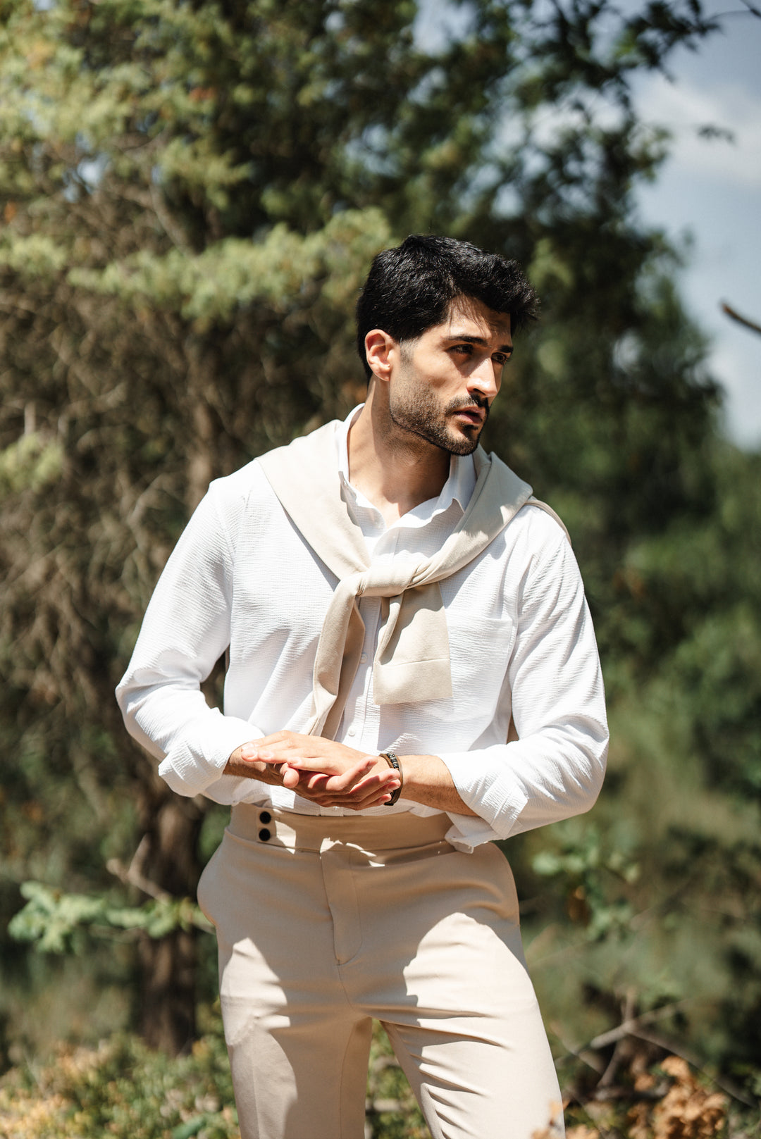 High Collar Slim Fit Linen Shirt - White