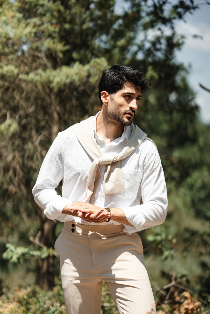 High Collar Slim Fit Linen Shirt - White