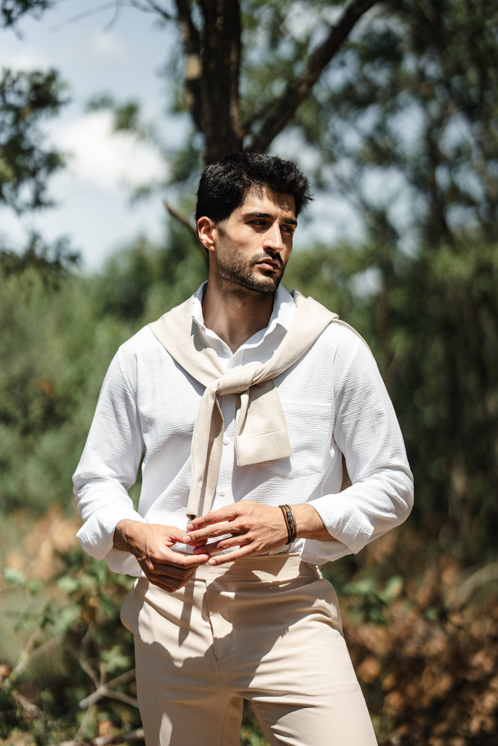 High Collar Slim Fit Linen Shirt - White