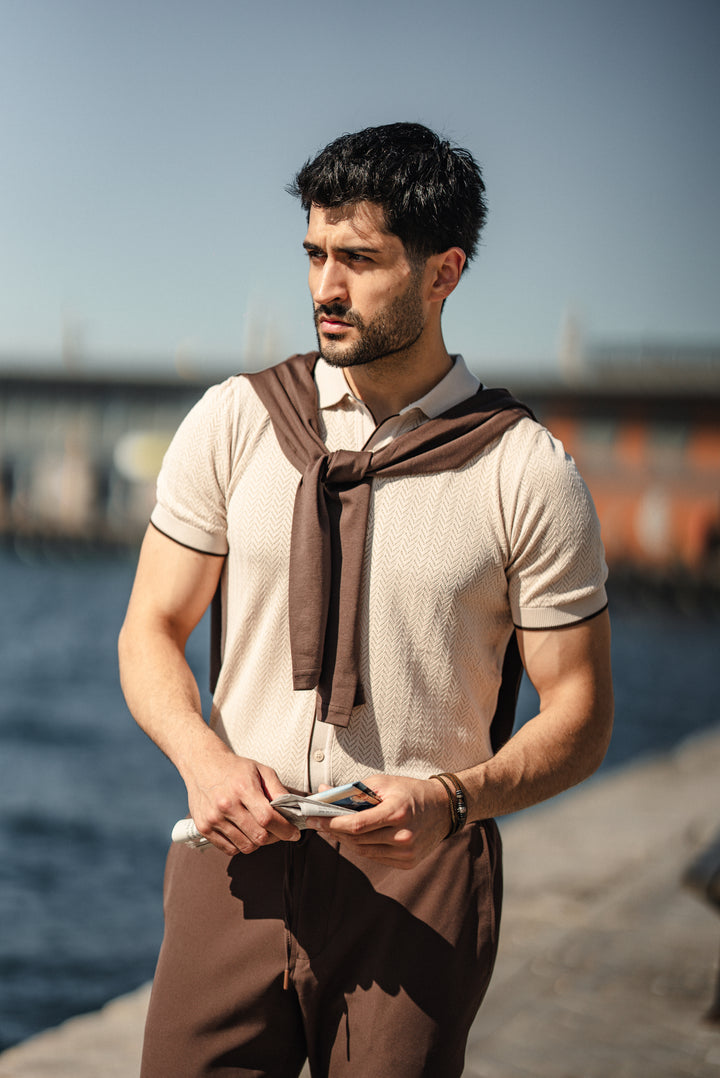 Special Design Knit Fabric T-Shirt - Beige