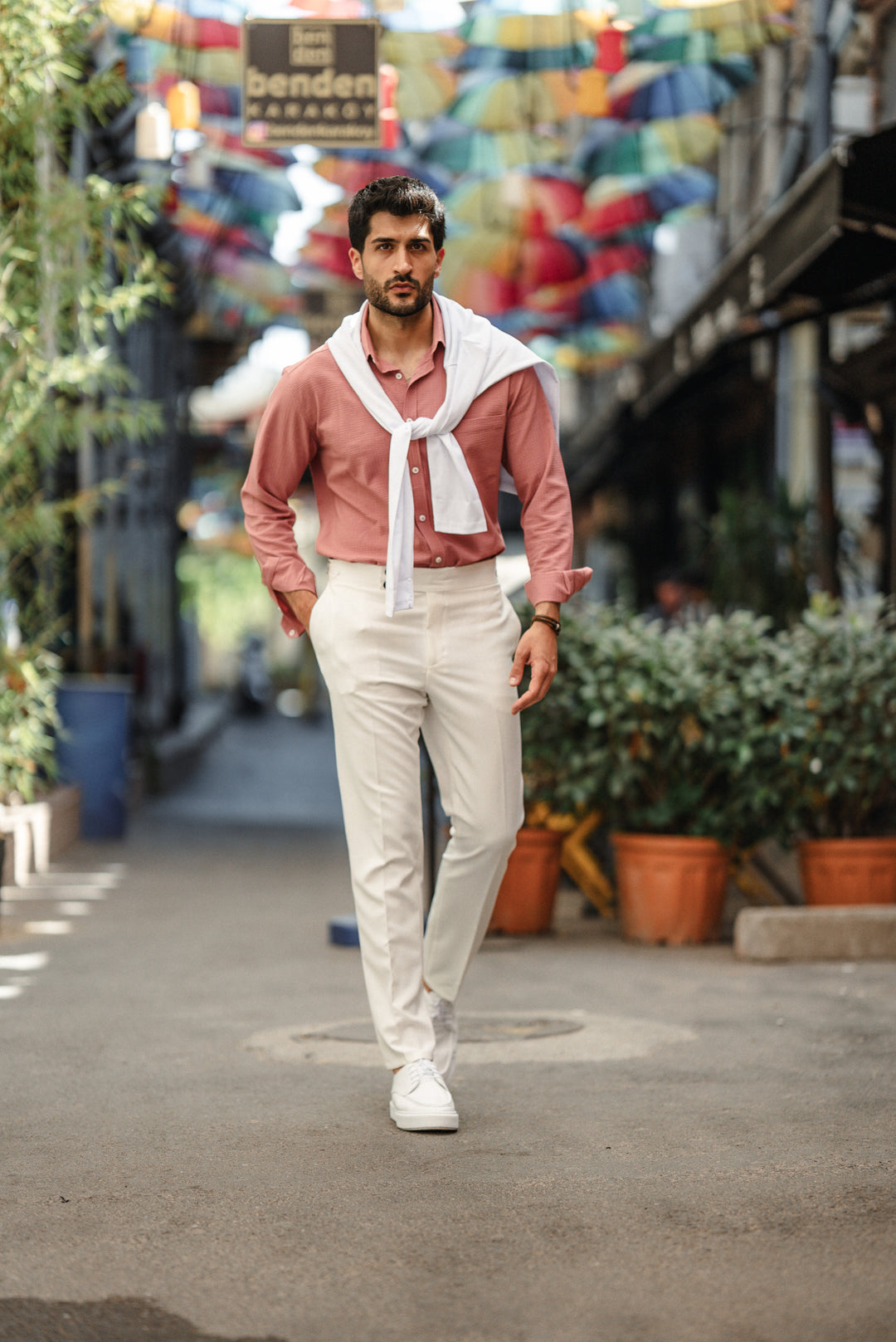 High Collar Slim Fit Linen Shirt - Pink