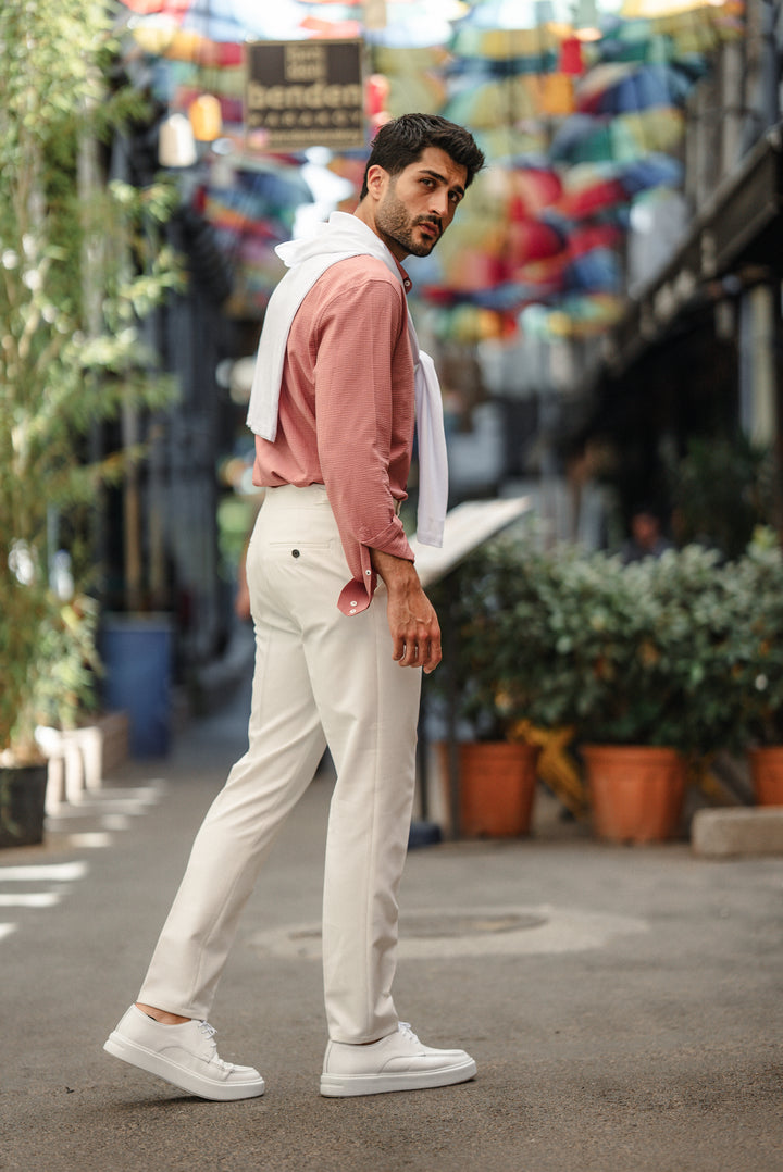 High Collar Slim Fit Linen Shirt - Pink