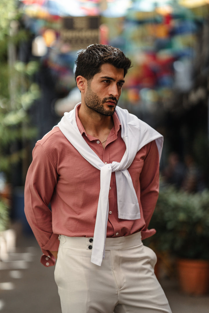 High Collar Slim Fit Linen Shirt - Pink