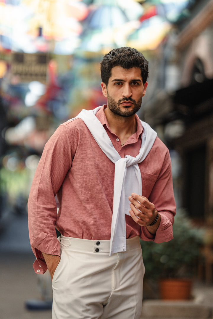 High Collar Slim Fit Linen Shirt - Pink