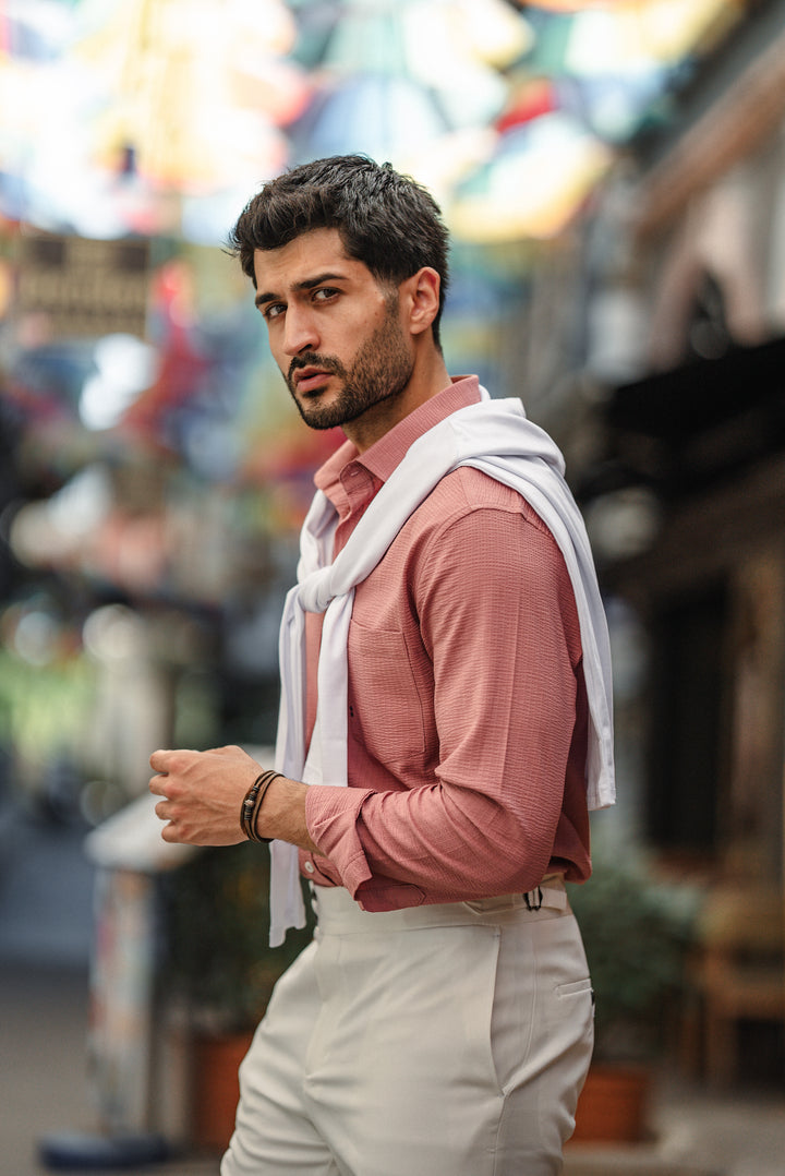High Collar Slim Fit Linen Shirt - Pink