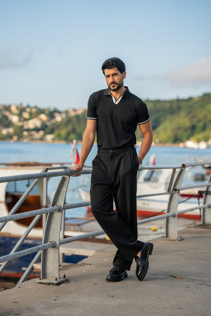Special Design Polo Collar T-Shirt - Black
