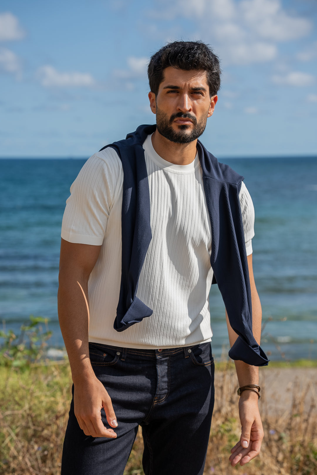 Special Design Knit Fabric T-Shirt - White