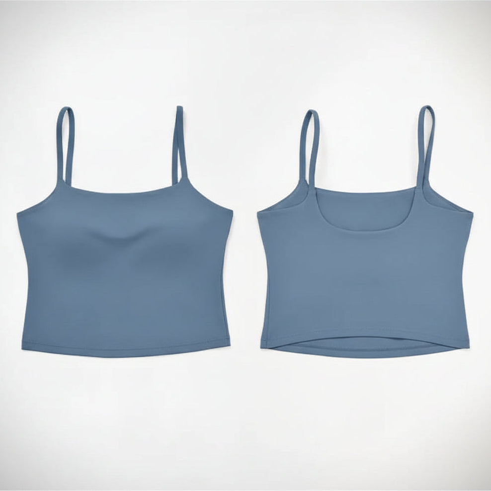 Blue tank top shown from front and back on a white background