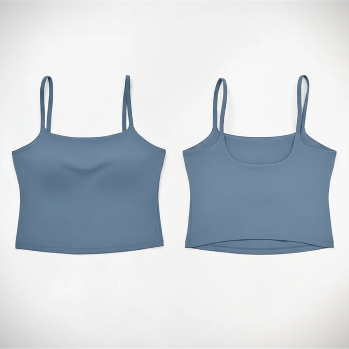 Blue tank top shown from front and back on a white background