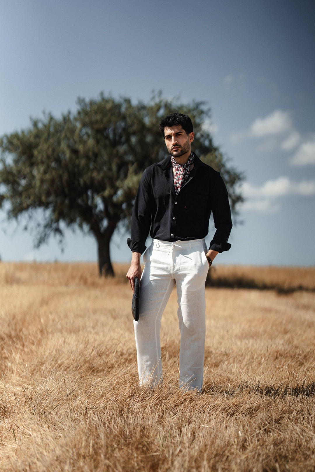 High Collar Slim Fit Linen Shirt - Black