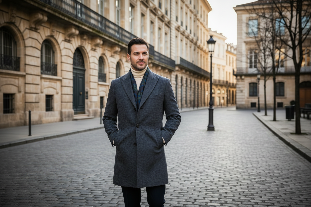 Man wearing wool coat

natural Urban setting (European style street)

Natural winter light

Slight shadow

Very editorial pose
