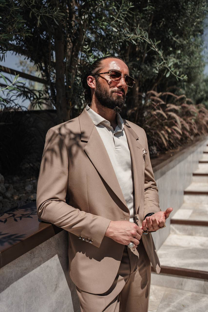 Casual Suit Set-Special Buckle Detail - Dark Beige