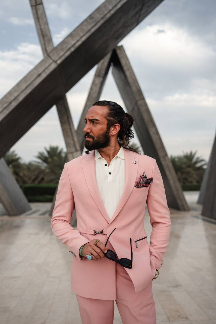 Casual Suit Set-Statement Zipper Pockets- Pink