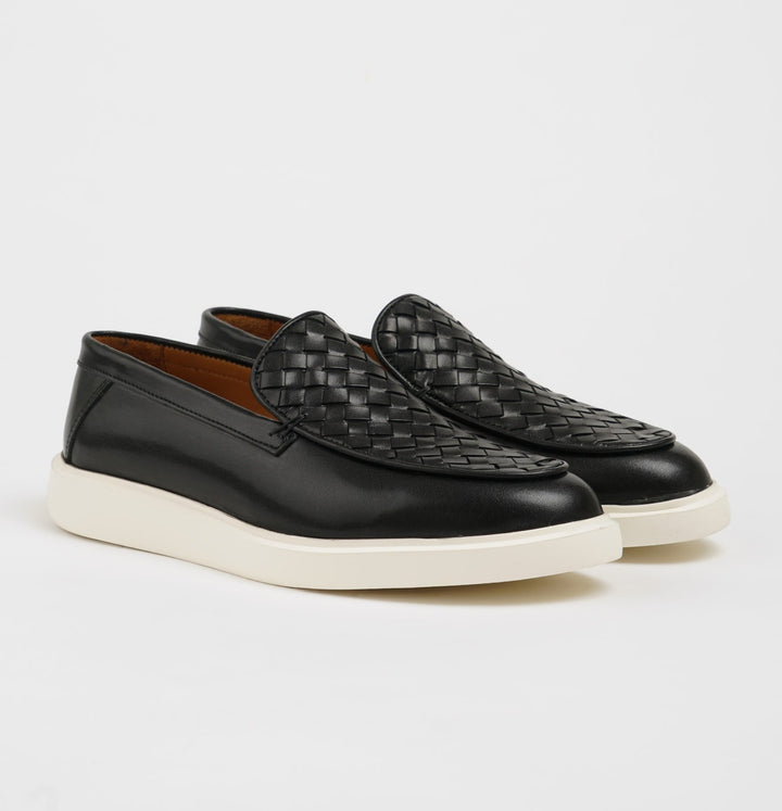 KNITTED DETAILED LEATHER CASUAL SHOES - BLACK