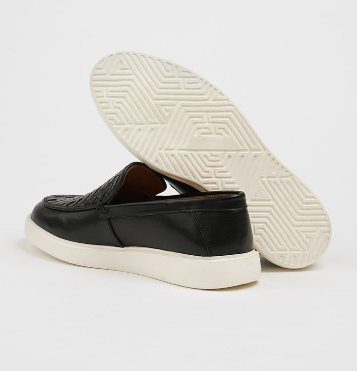 KNITTED DETAILED LEATHER CASUAL SHOES - BLACK