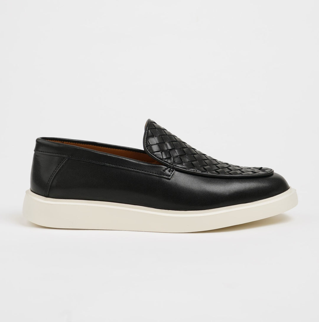 KNITTED DETAILED LEATHER CASUAL SHOES - BLACK