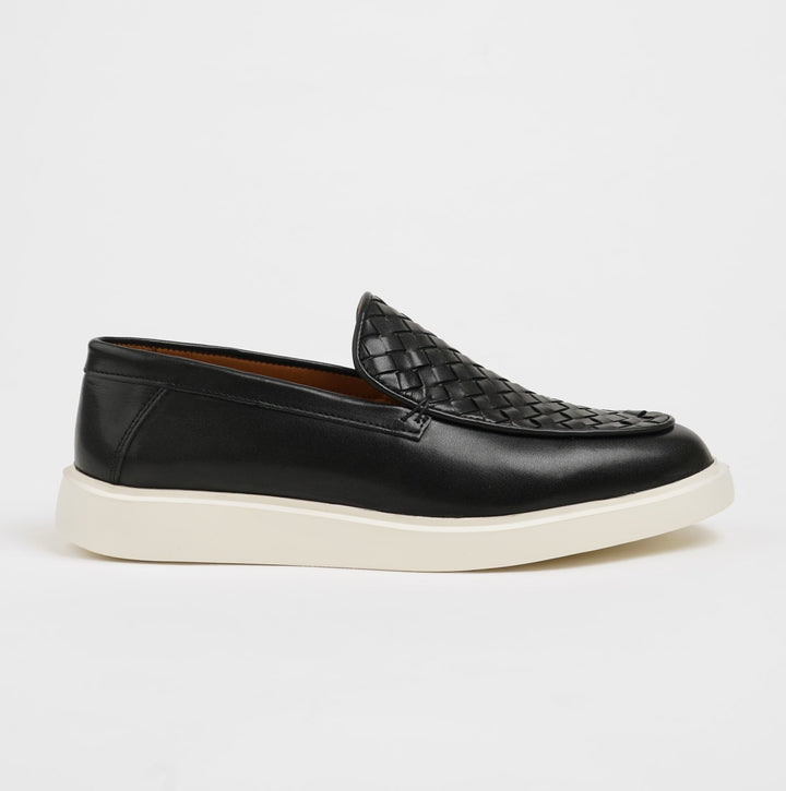 KNITTED DETAILED LEATHER CASUAL SHOES - BLACK