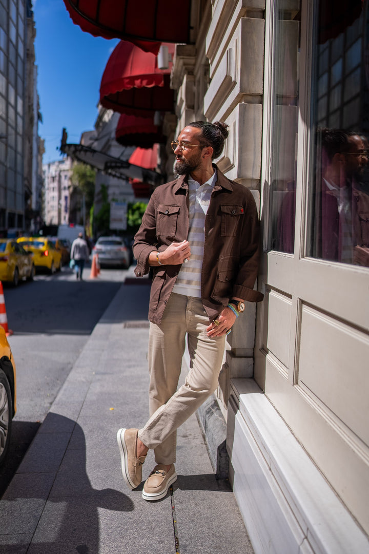 SAFARI JACKET WITH POCKET DETAILS - BROWN