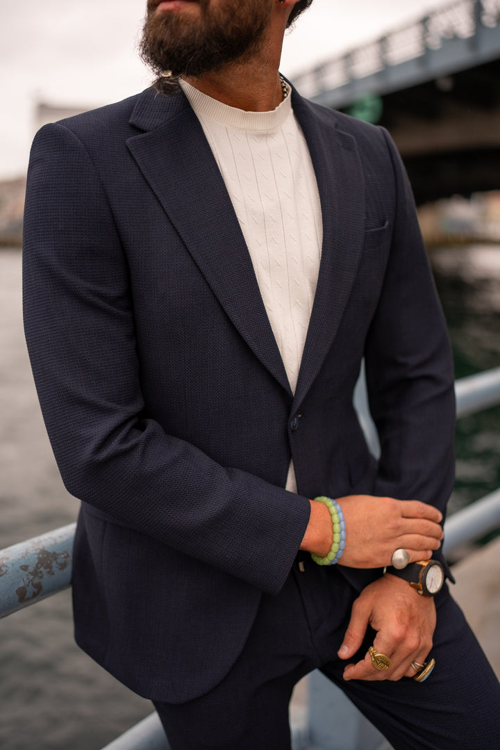 MONO COLLAR COVER POCKET DETAILED SPORTS SET - NAVYBLUE