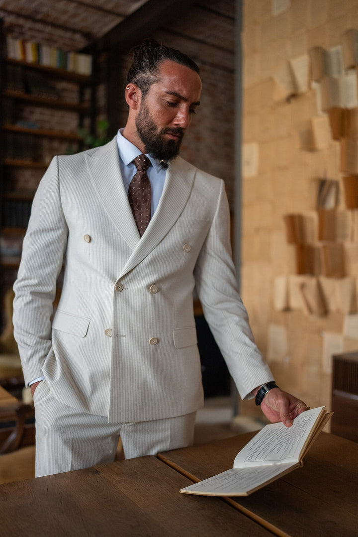 DOUBLE BREASTED SUIT WITH STRIPE DETAILS -  BEIGE