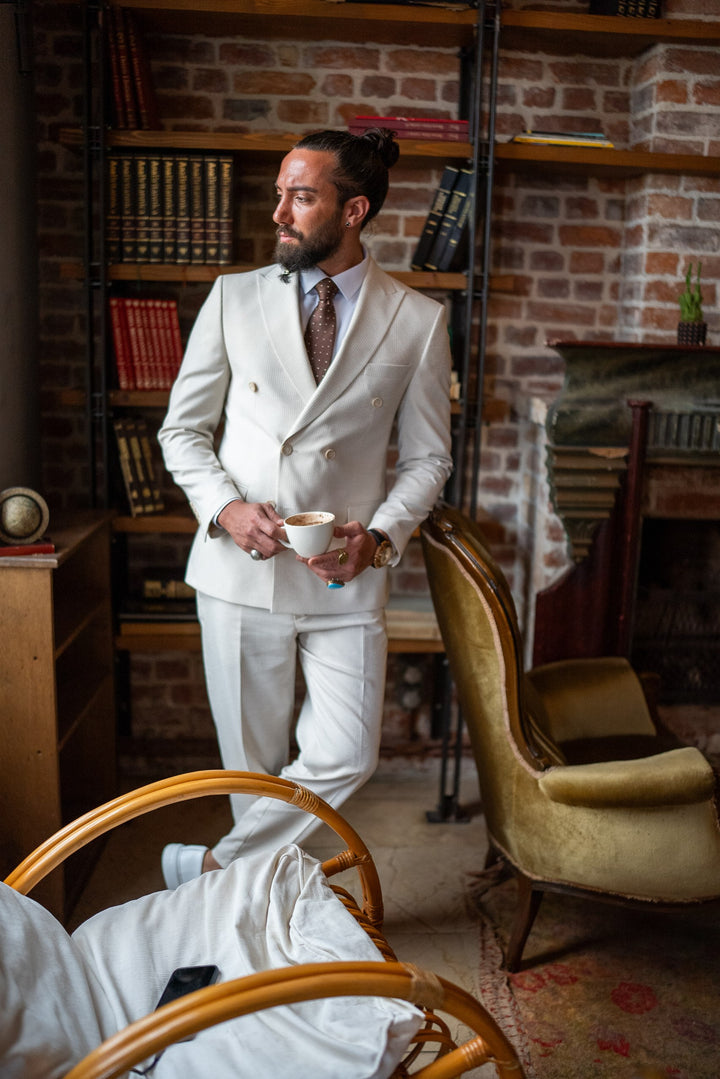 DOUBLE BREASTED SUIT WITH STRIPE DETAILS -  BEIGE