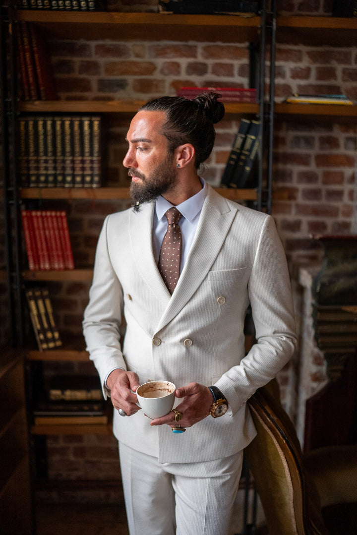 DOUBLE BREASTED SUIT WITH STRIPE DETAILS -  BEIGE