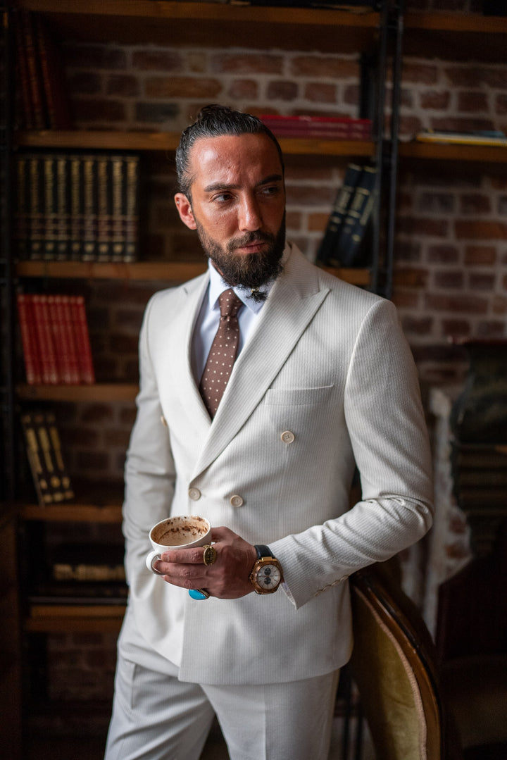 DOUBLE BREASTED SUIT WITH STRIPE DETAILS -  BEIGE