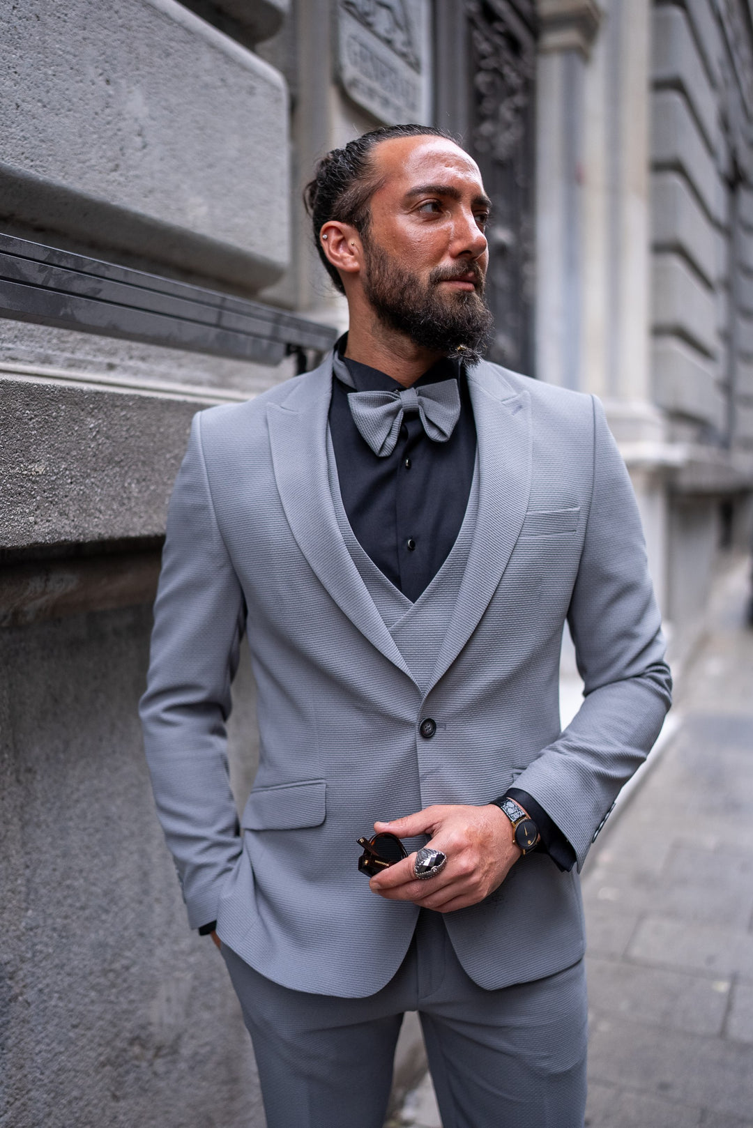 SEERFUL FABRIC SINGLE COLLAR GROOM SUIT - GREY