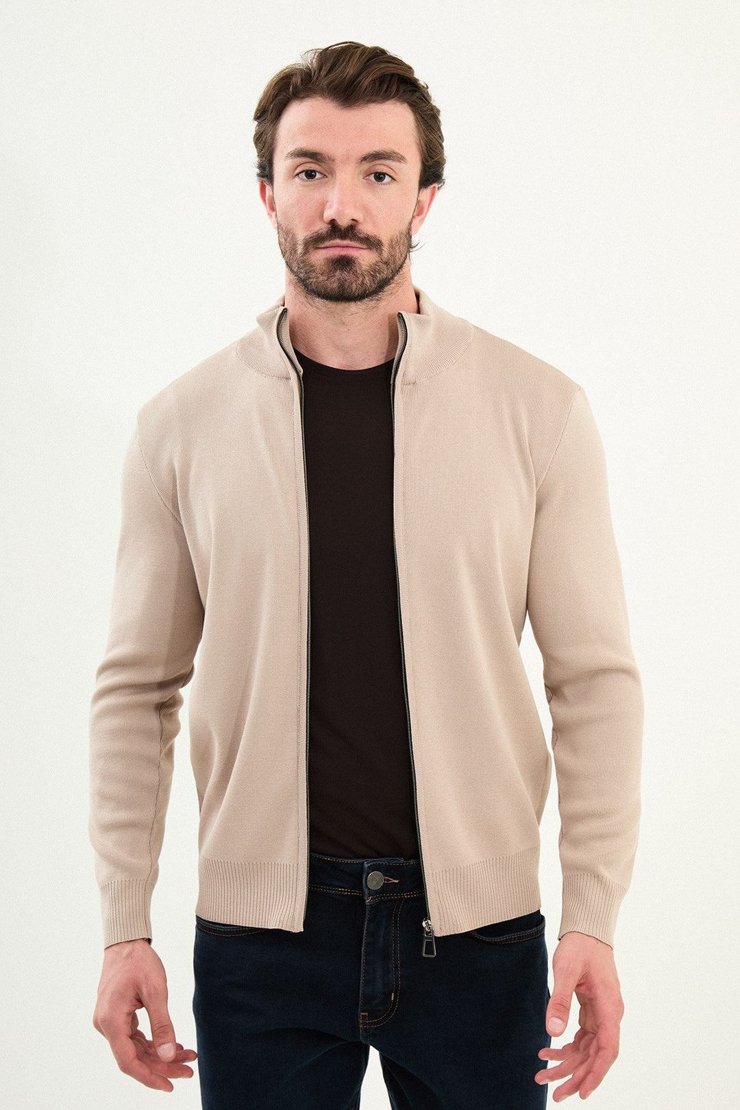 Men’s Knitted Zip Cardigan – Beige