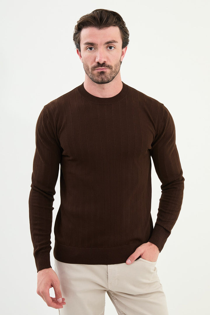 Ribbed Crew Neck Sweater - Brown