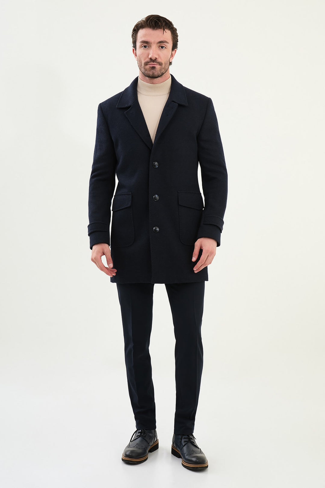 Single-Breasted Wool Overcoat - Navy Blue