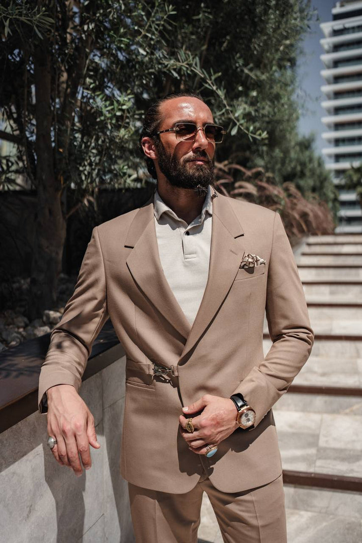 Casual Suit Set-Special Buckle Detail - Dark Beige