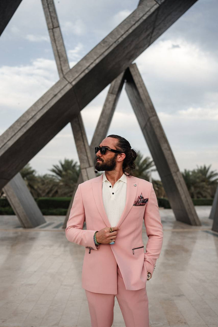 Casual Suit Set-Statement Zipper Pockets- Pink