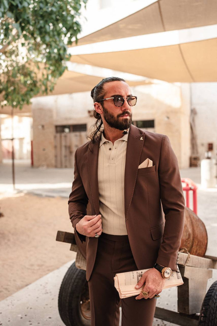 Detailed Mono Collar Statement Suit- Brown Luxe