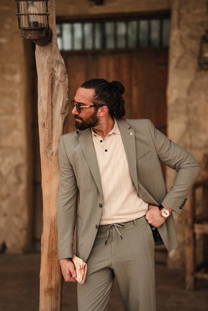 Khaki Mono Collar Sports Set with Bag Pockets