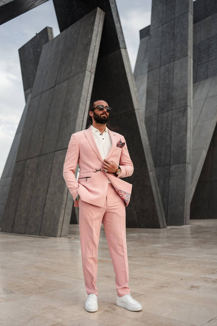Casual Suit Set-Statement Zipper Pockets- Pink