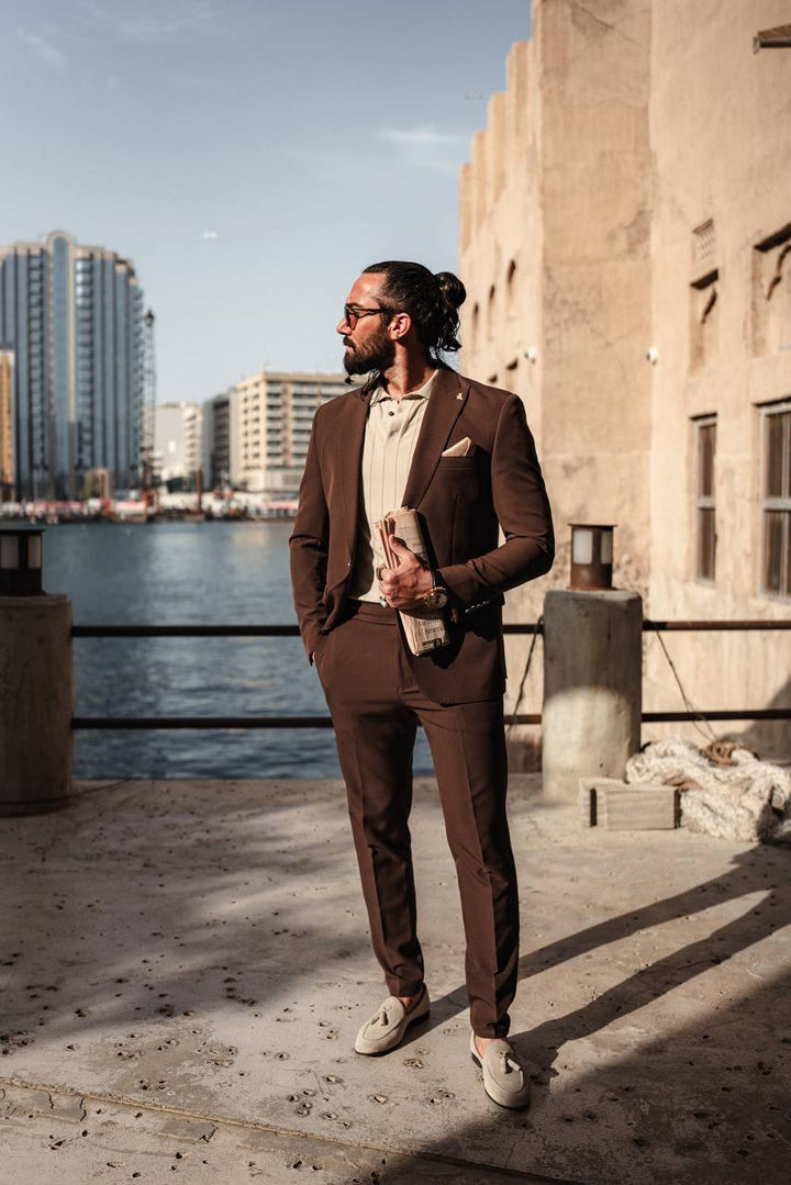 Detailed Mono Collar Statement Suit- Brown Luxe