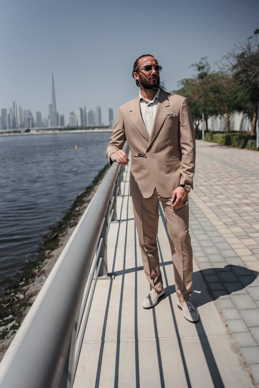 Casual Suit Set-Special Buckle Detail - Dark Beige
