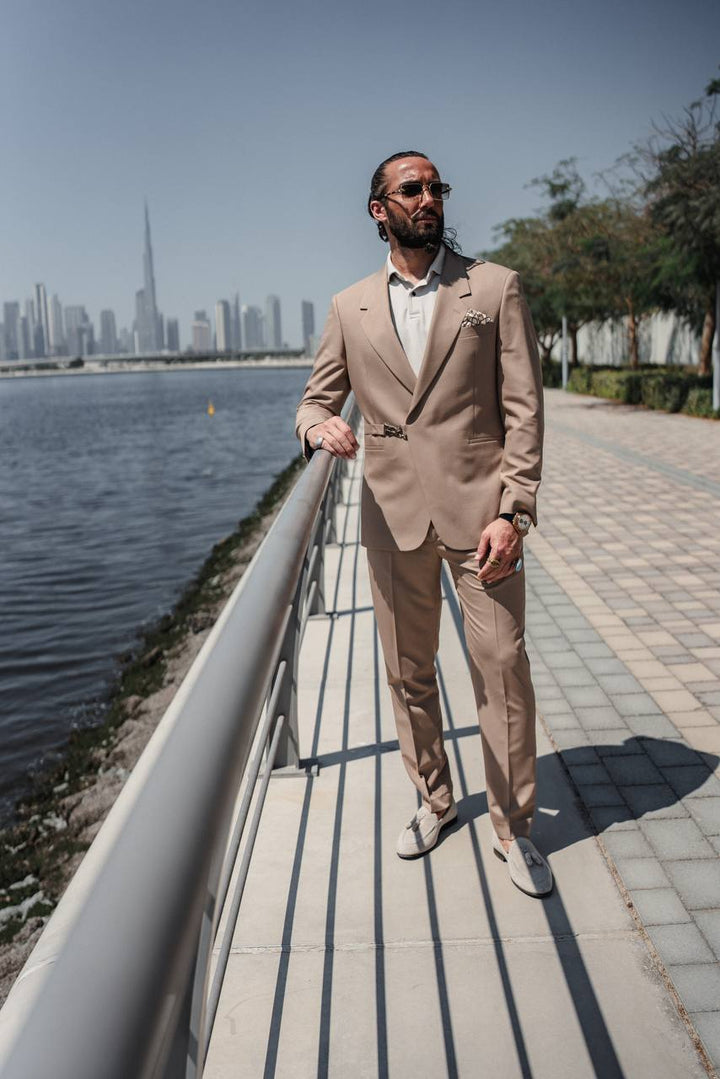 Casual Suit Set-Special Buckle Detail - Dark Beige